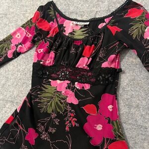 Vintage Self Esteem Y2K Floral Mesh Top Sequin Lace Waist Long Sleeve Pink Small